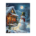 Moonlit Snowman Cabin Diamond Painting Kit original artwork on white background