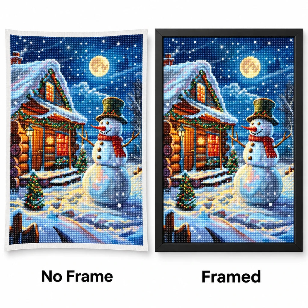 Moonlit Snowman Cabin Diamond Painting Kit frame comparison