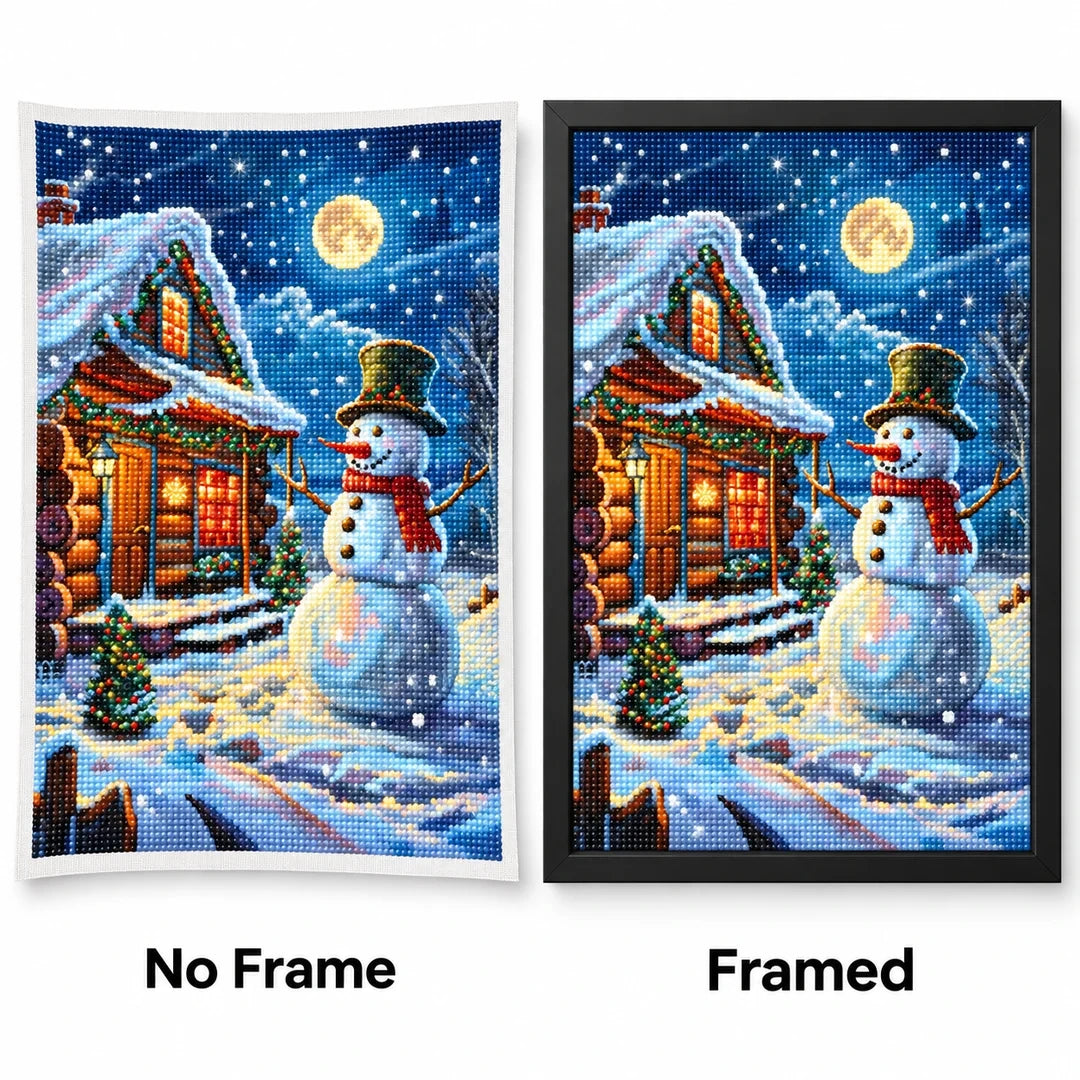 Moonlit Snowman Cabin Diamond Painting Kit frame comparison