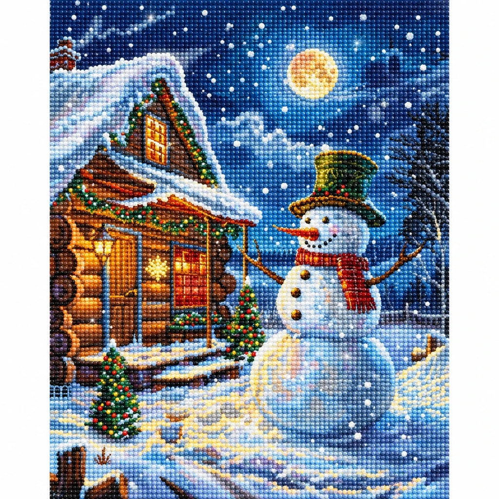 Moonlit Snowman Cabin Diamond Painting Kit finished diamond artwork on white background