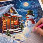 Moonlit Snowman Cabin Diamond Painting Kit process