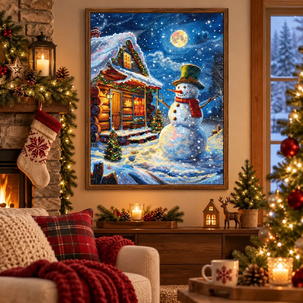 Moonlit Snowman Cabin Diamond Painting Kit scene