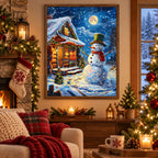 Moonlit Snowman Cabin Diamond Painting Kit scene