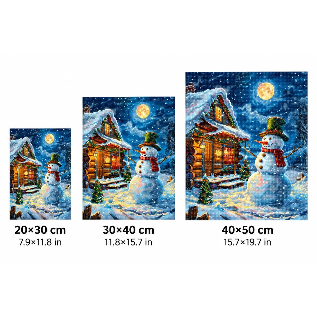 Moonlit Snowman Cabin Diamond Painting Kit sizes