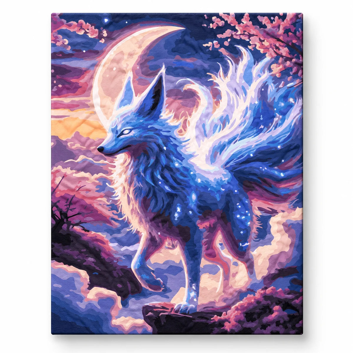 Moonlit Spirit Fox paint by numbers artwork on a front-facing canvas against a white background