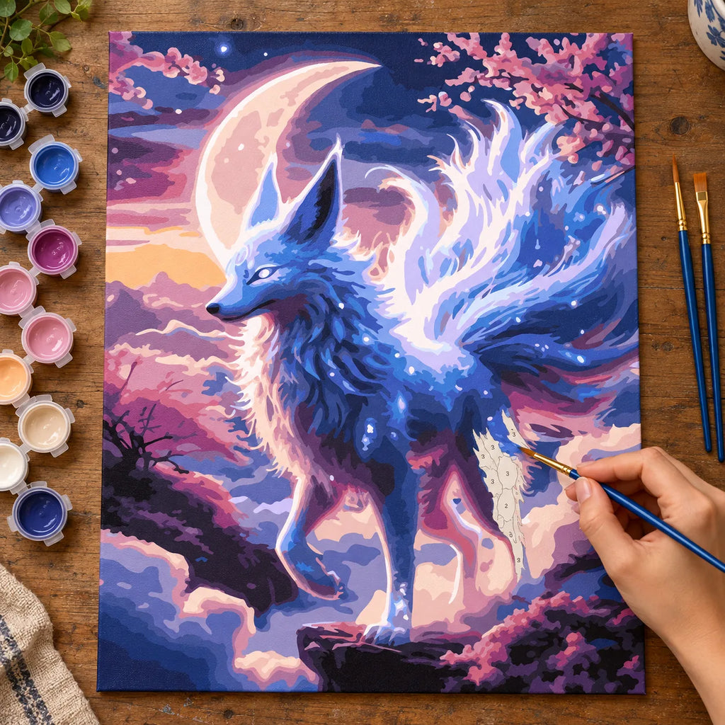 Complete Moonlit Spirit Fox numbered canvas being painted with acrylic paints and brushes