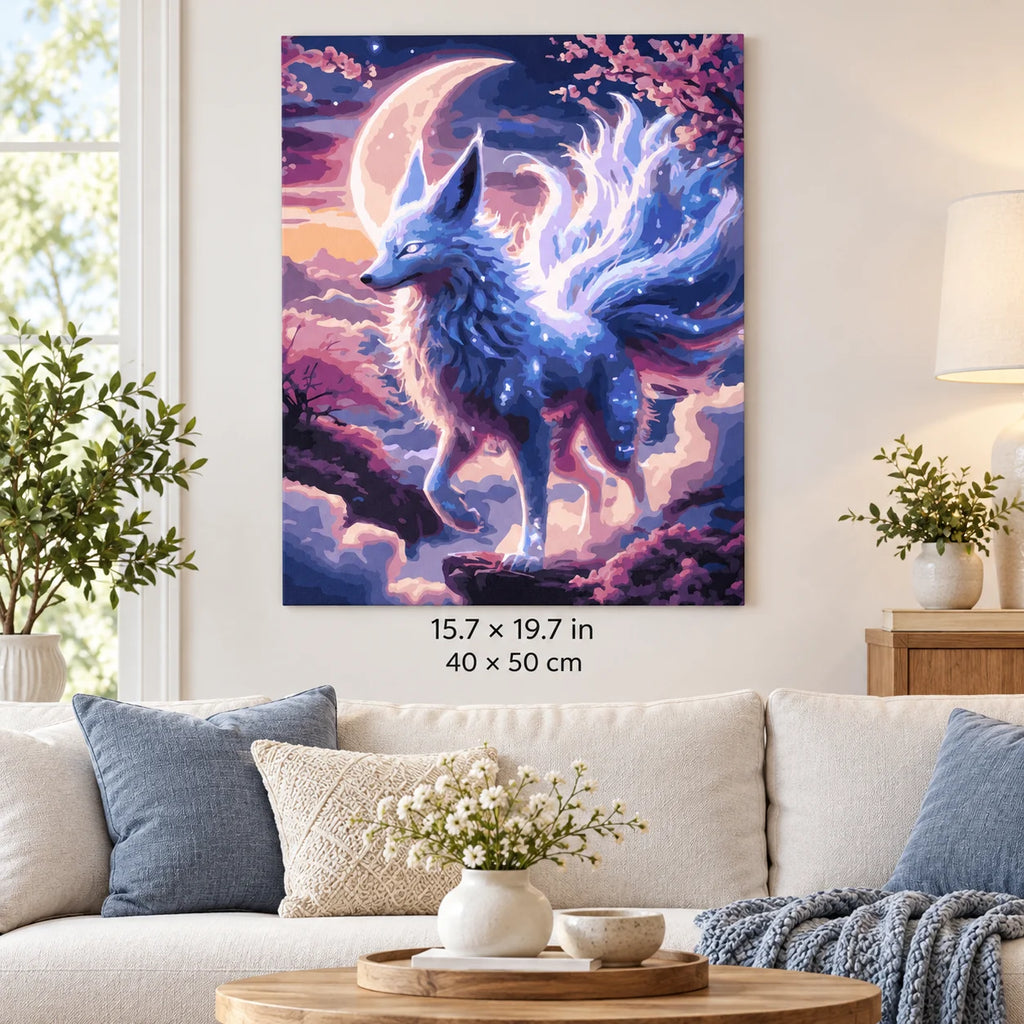 Moonlit Spirit Fox shown in a styled room with 15.7 × 19.7 in and 40 × 50 cm dimensions