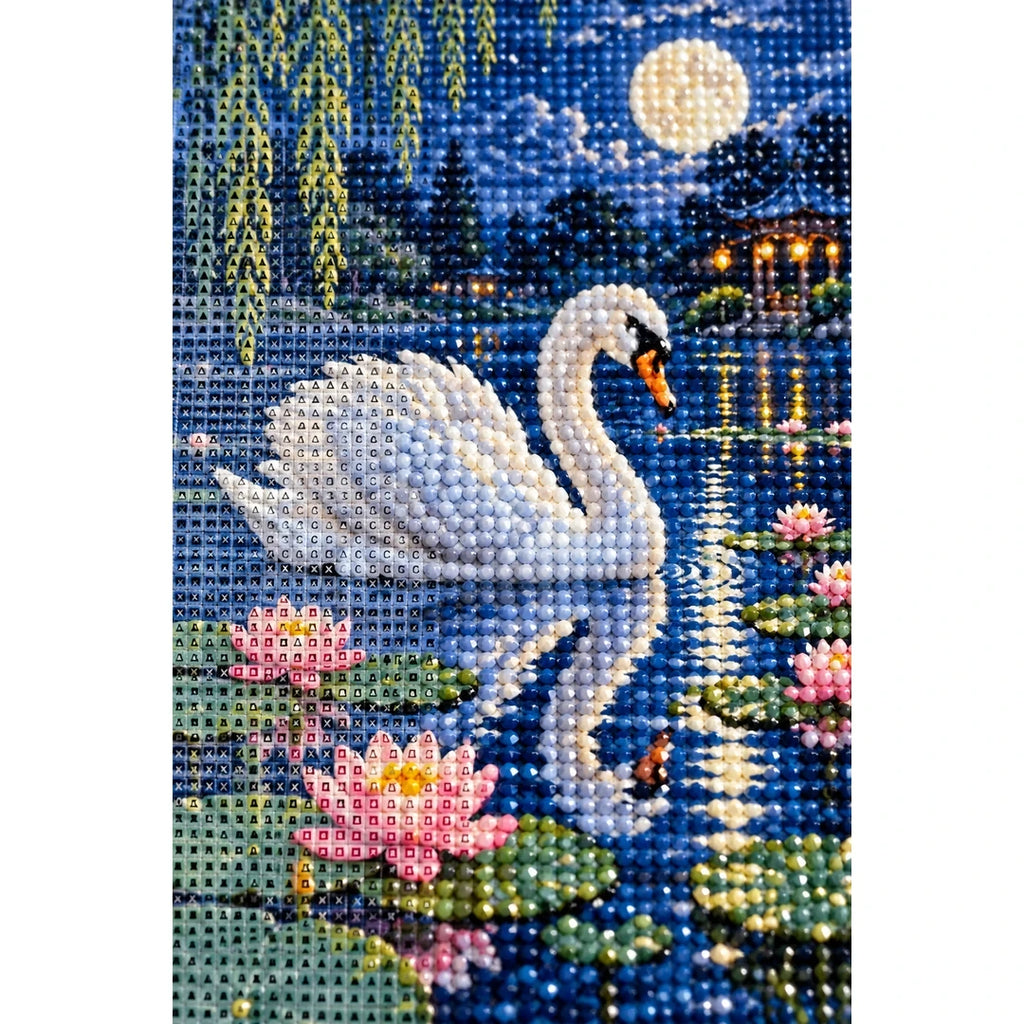 Moonlit Swan Lily Pond Diamond Painting Kit diamond and canvas detail