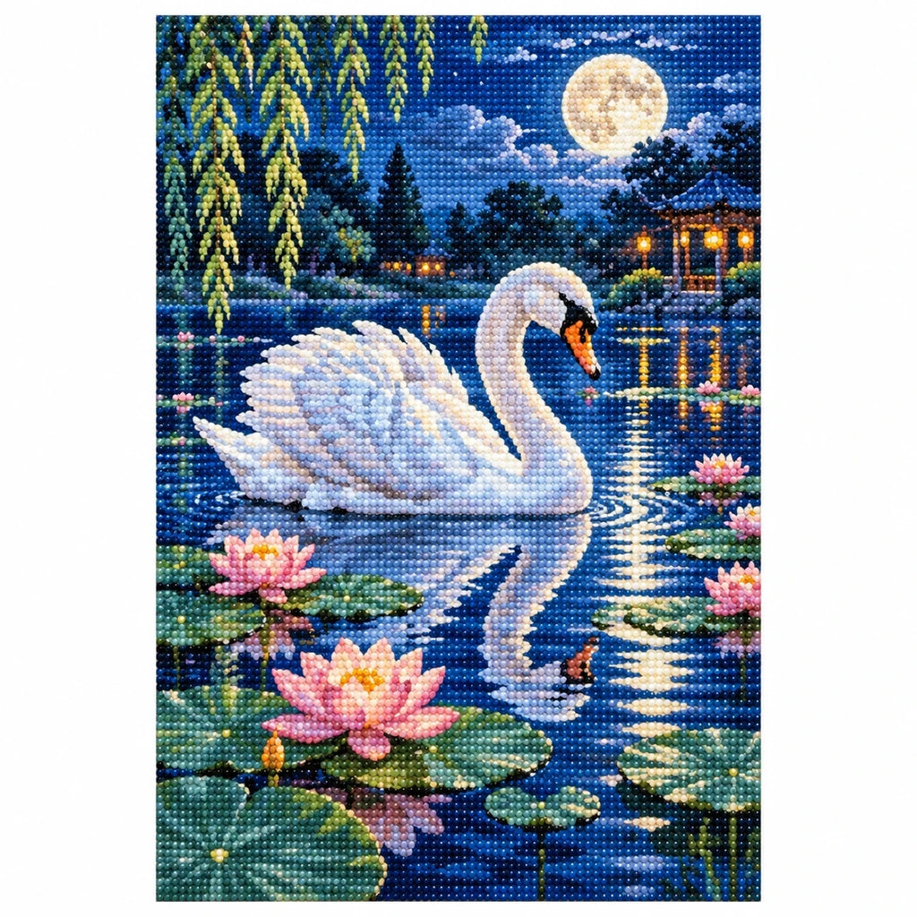 Moonlit Swan Lily Pond Diamond Painting Kit finished diamond artwork on white background