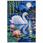 Moonlit Swan Lily Pond Diamond Painting Kit finished diamond artwork on white background