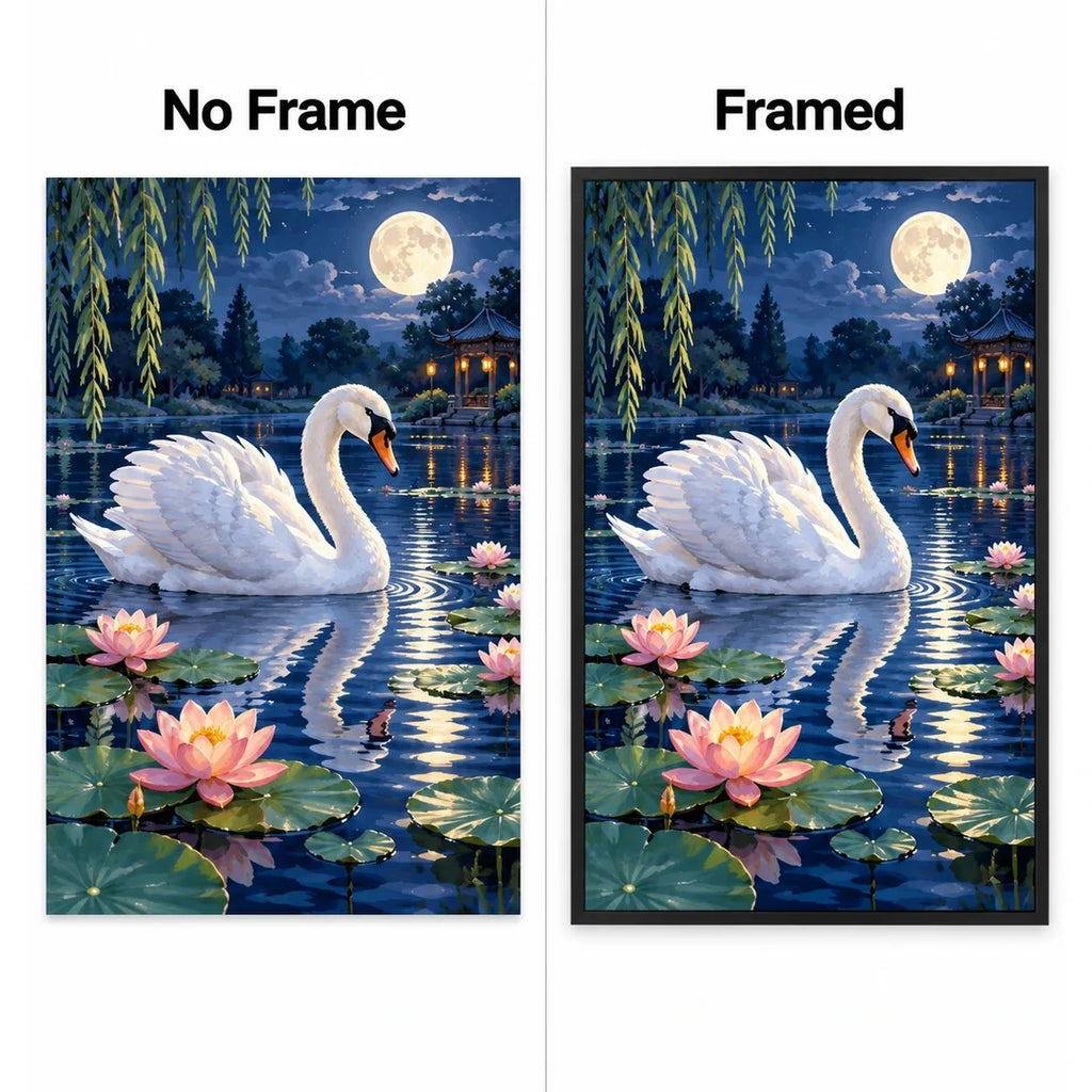 Moonlit Swan Lily Pond Diamond Painting Kit No Frame and Framed comparison