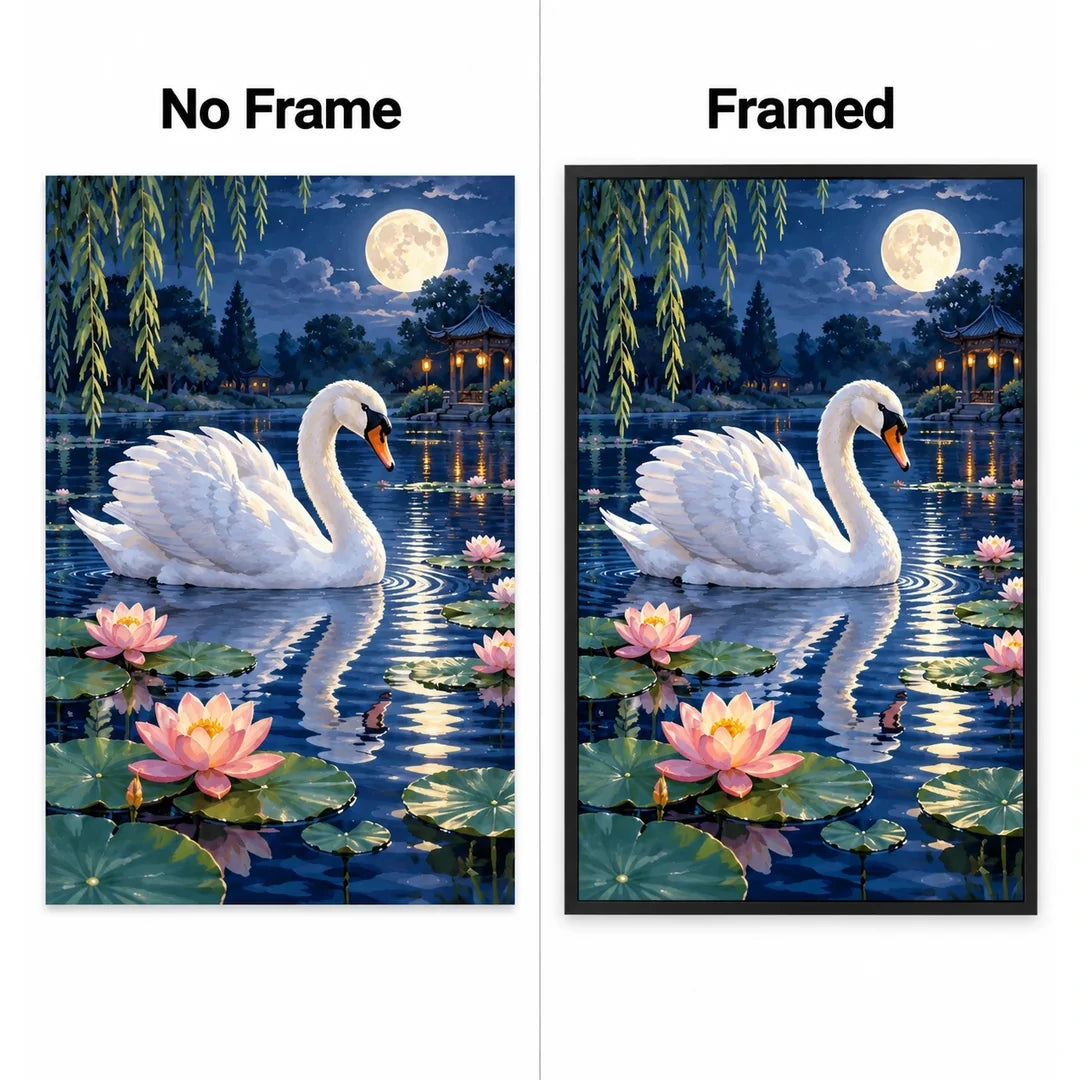 Moonlit Swan Lily Pond Diamond Painting Kit No Frame and Framed comparison