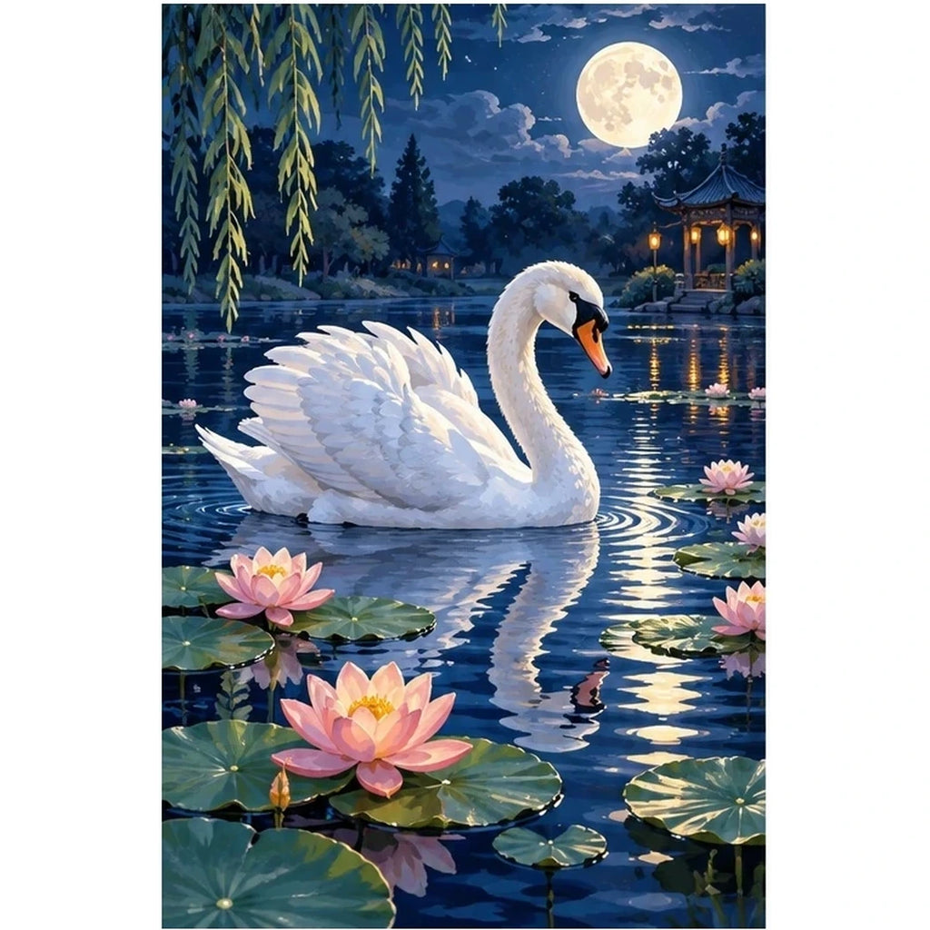 Moonlit Swan Lily Pond original artwork on white background