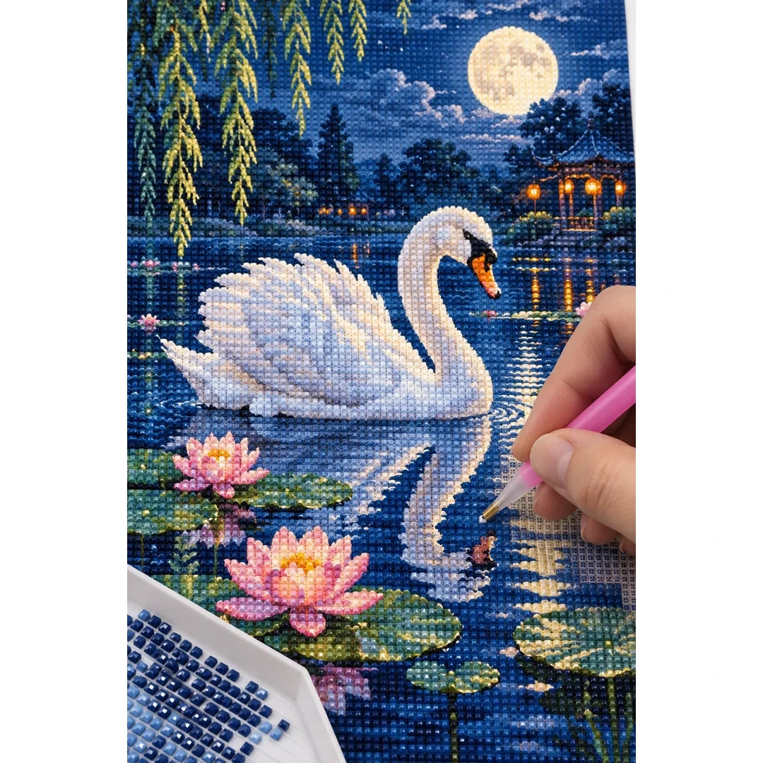 Moonlit Swan Lily Pond Diamond Painting Kit diamond placement process