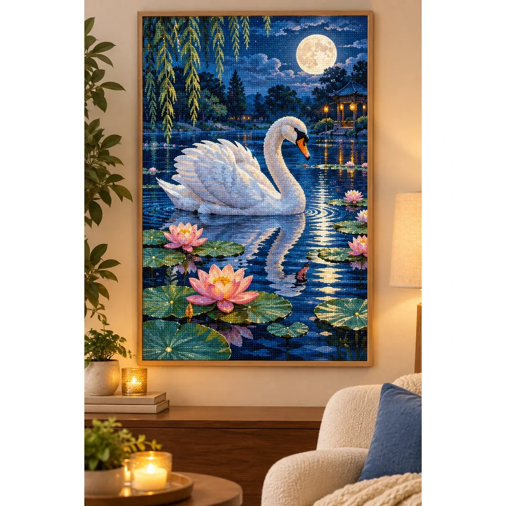 Moonlit Swan Lily Pond Diamond Painting Kit home decor scene