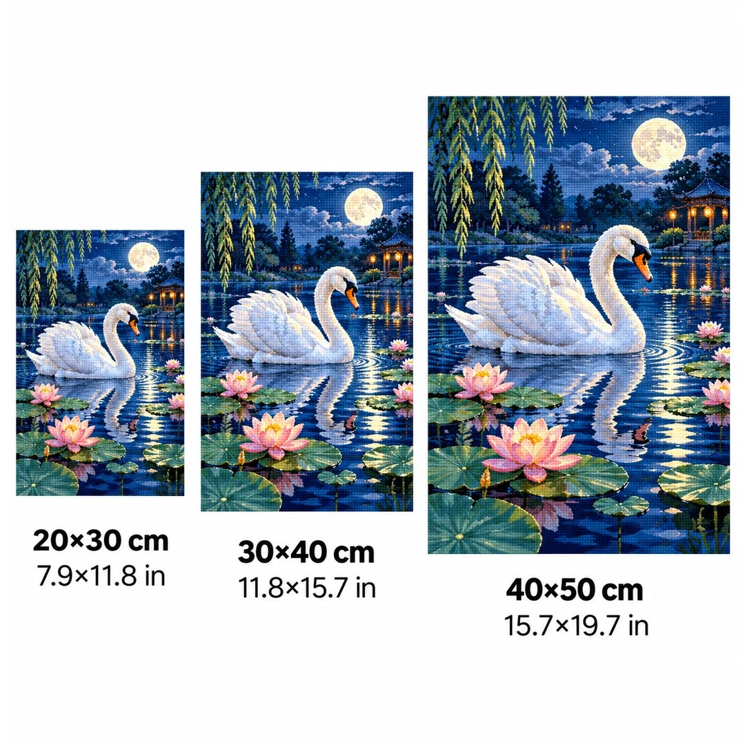 Moonlit Swan Lily Pond Diamond Painting Kit size guide