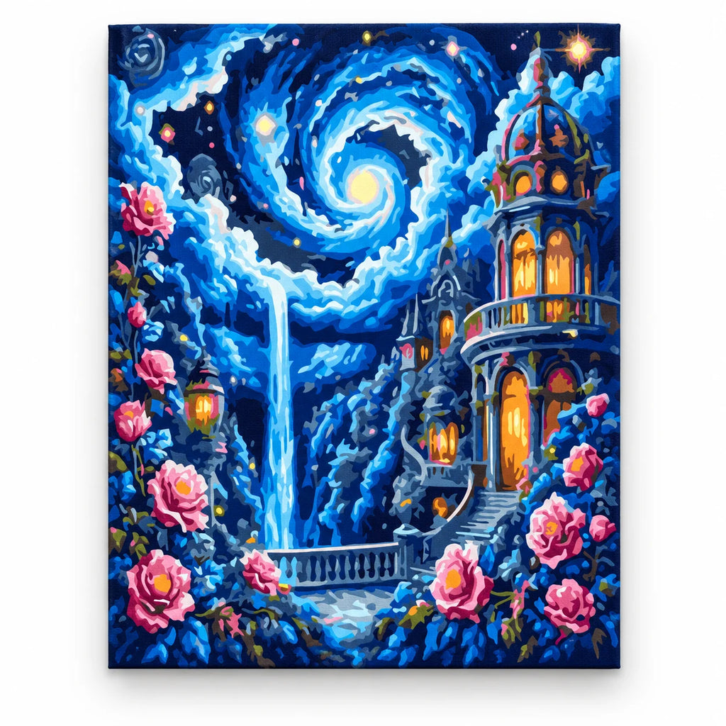 Moonlit Waterfall Fantasy Castle paint by numbers artwork on a front-facing canvas against a white background