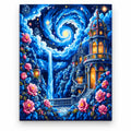 Moonlit Waterfall Fantasy Castle paint by numbers artwork on a front-facing canvas against a white background