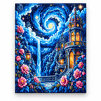Moonlit Waterfall Fantasy Castle paint by numbers artwork on a front-facing canvas against a white background