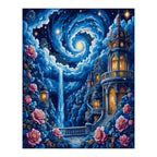 Moonlit Waterfall Fantasy Castle completed artwork on a clean white background
