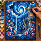 Complete Moonlit Waterfall Fantasy Castle numbered canvas being painted with acrylic paints and brushes