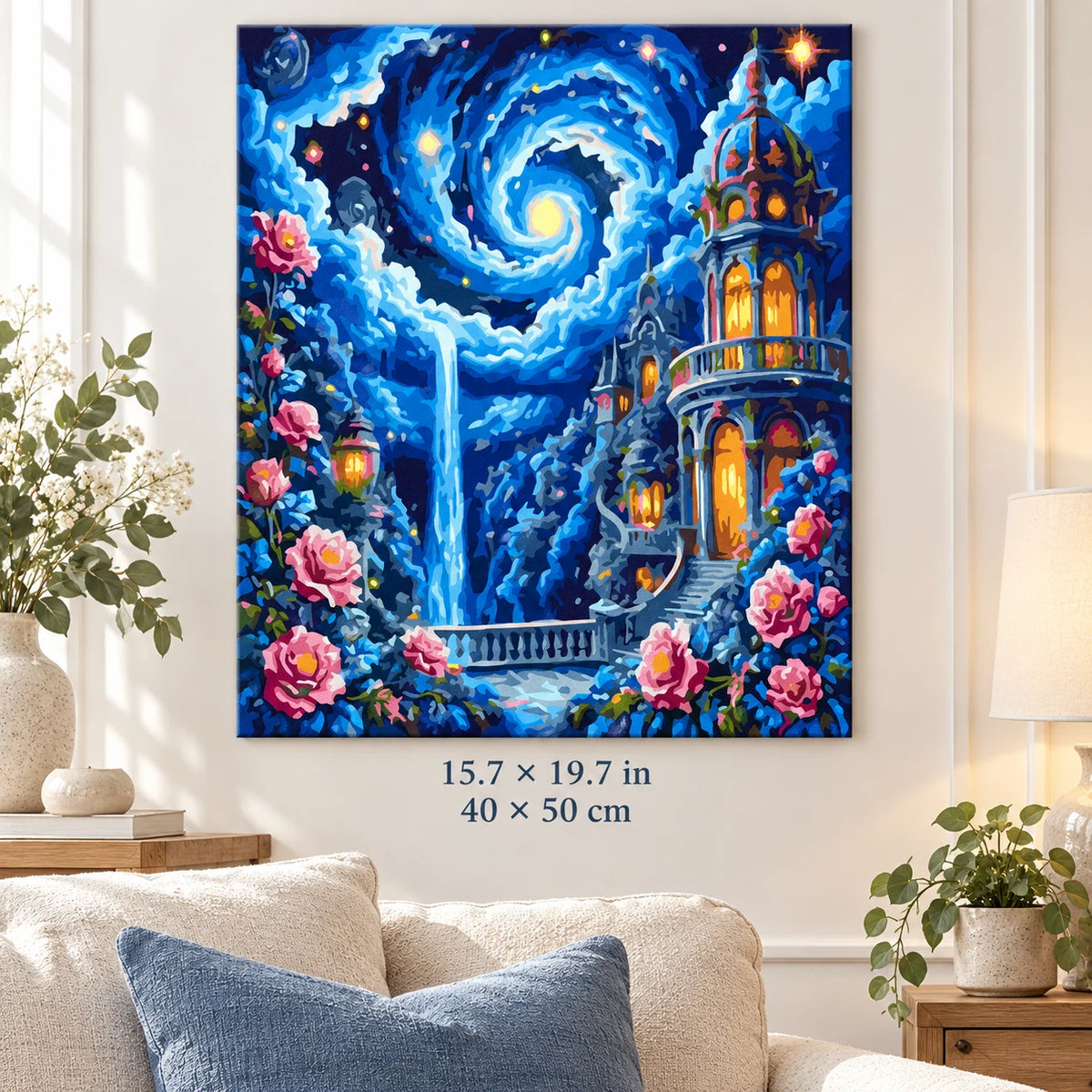Moonlit Waterfall Fantasy Castle shown in a styled room with 15.7 × 19.7 in and 40 × 50 cm dimensions