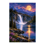 Original artwork of a waterfall, alpine lake and pine forest beneath a full moon.