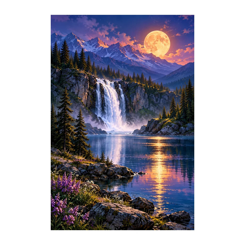 Original artwork of a waterfall, alpine lake and pine forest beneath a full moon.