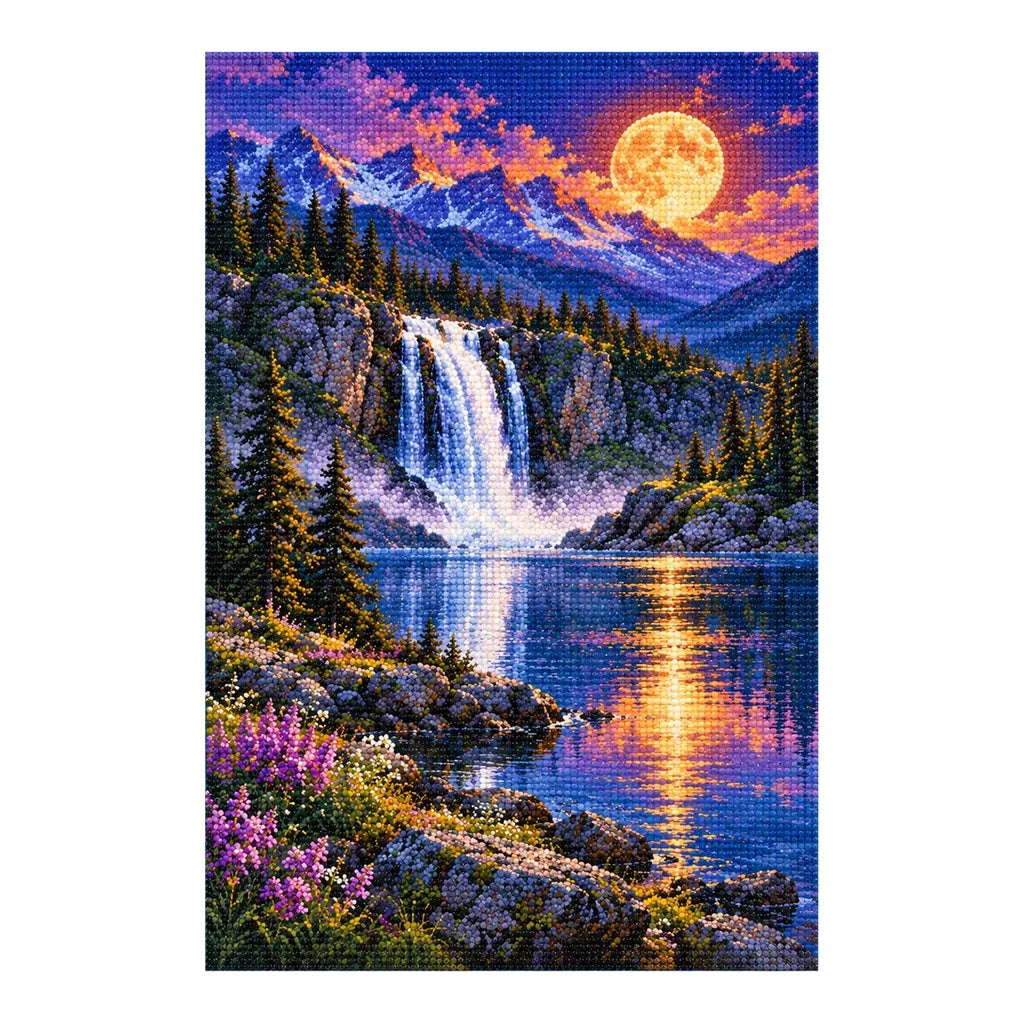 Finished diamond painting of a moonlit waterfall and mountain lake on a white background.