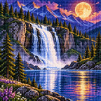 Close-up detail of drills forming the waterfall and moonlit alpine scene.