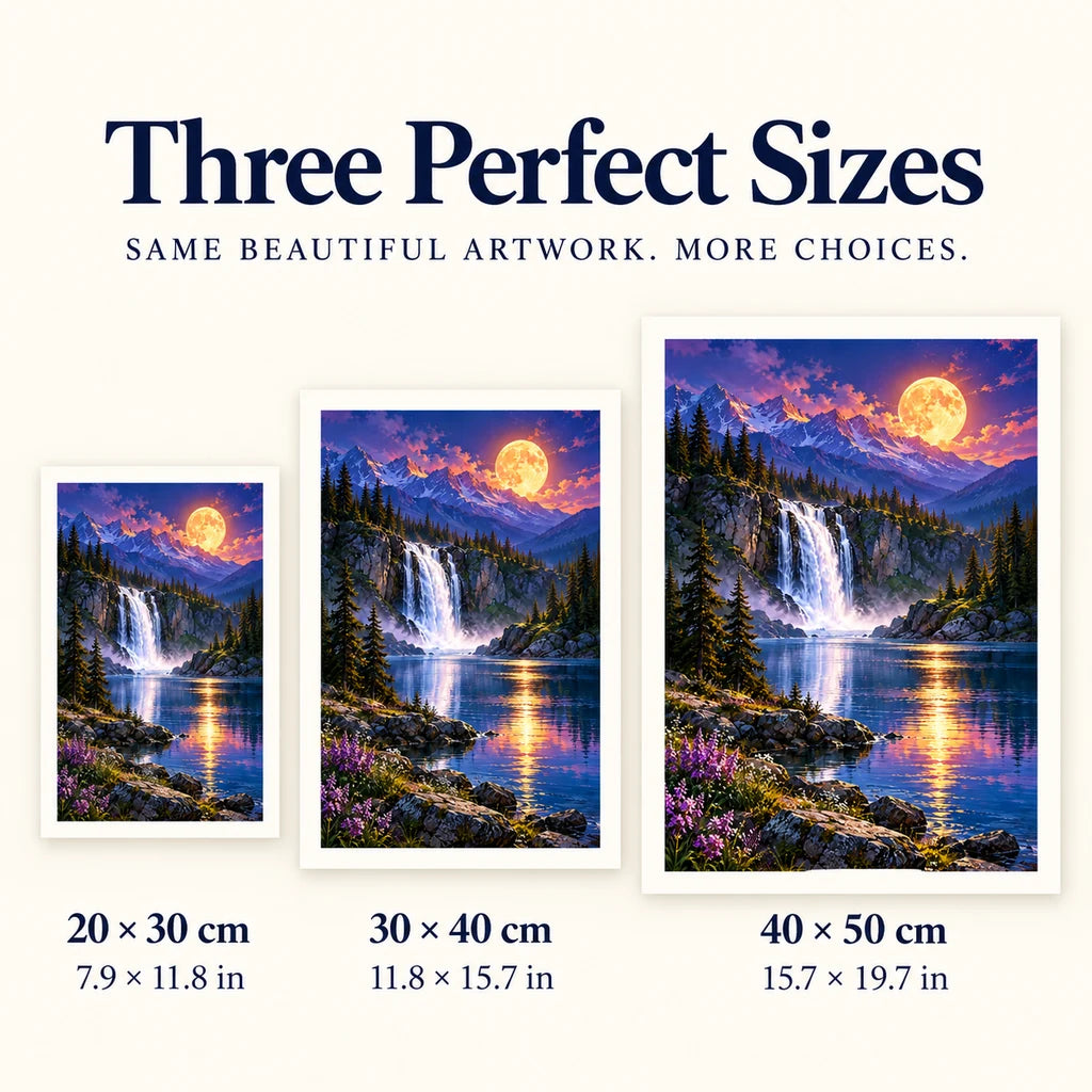 Three available sizes for the moonlit waterfall lake design: 20 × 30, 30 × 40 and 40 × 50 cm.