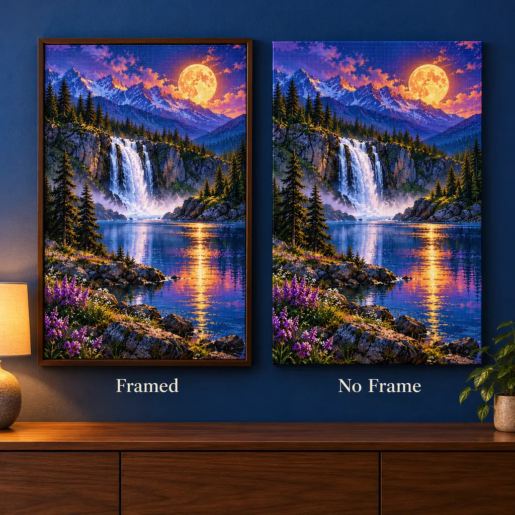 Framed and no-frame comparison for the moonlit waterfall lake diamond painting.