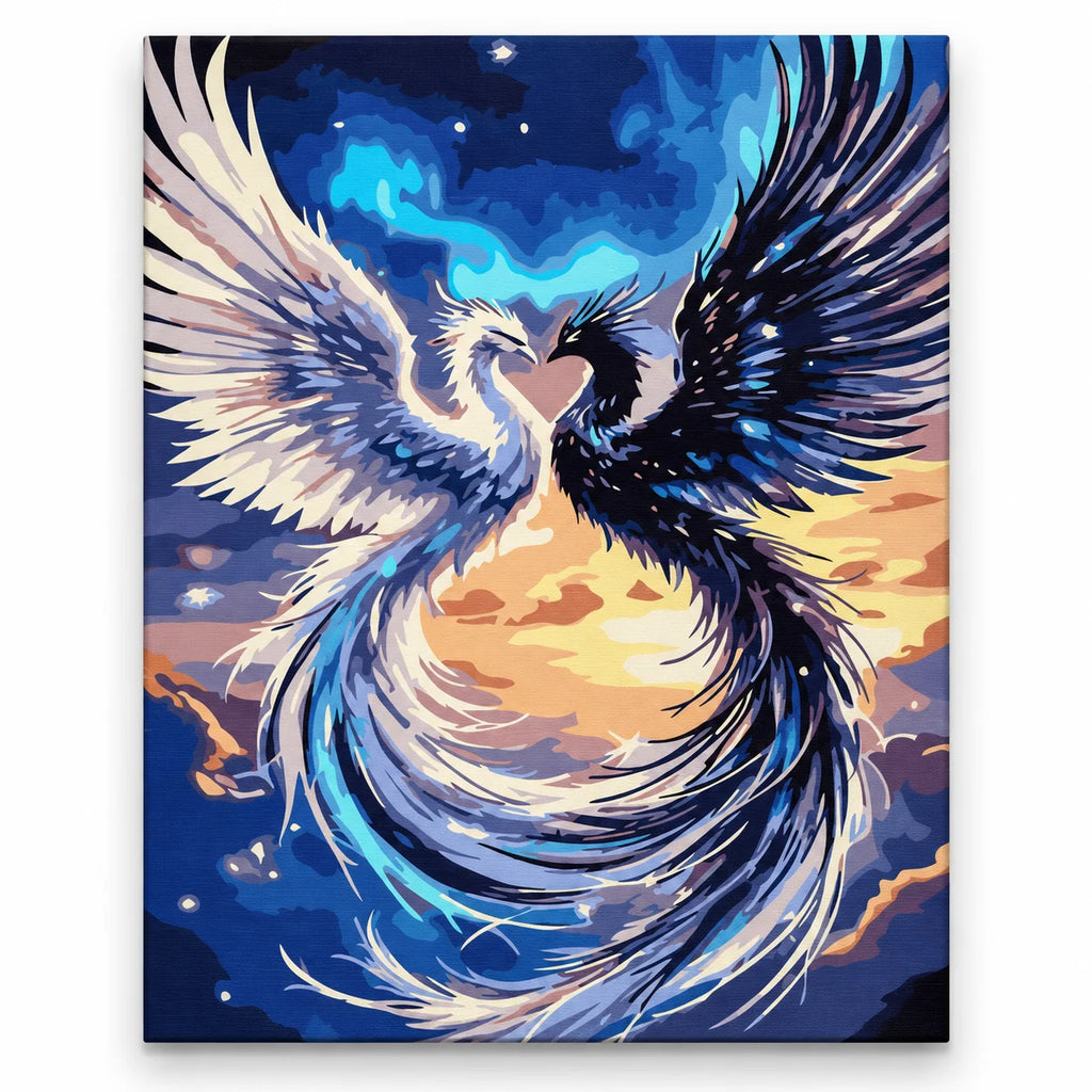 Moonlit White Phoenix paint by numbers artwork on a front-facing canvas against a white background