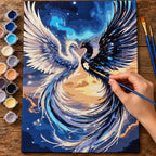 Complete Moonlit White Phoenix numbered canvas being painted with acrylic paints and brushes