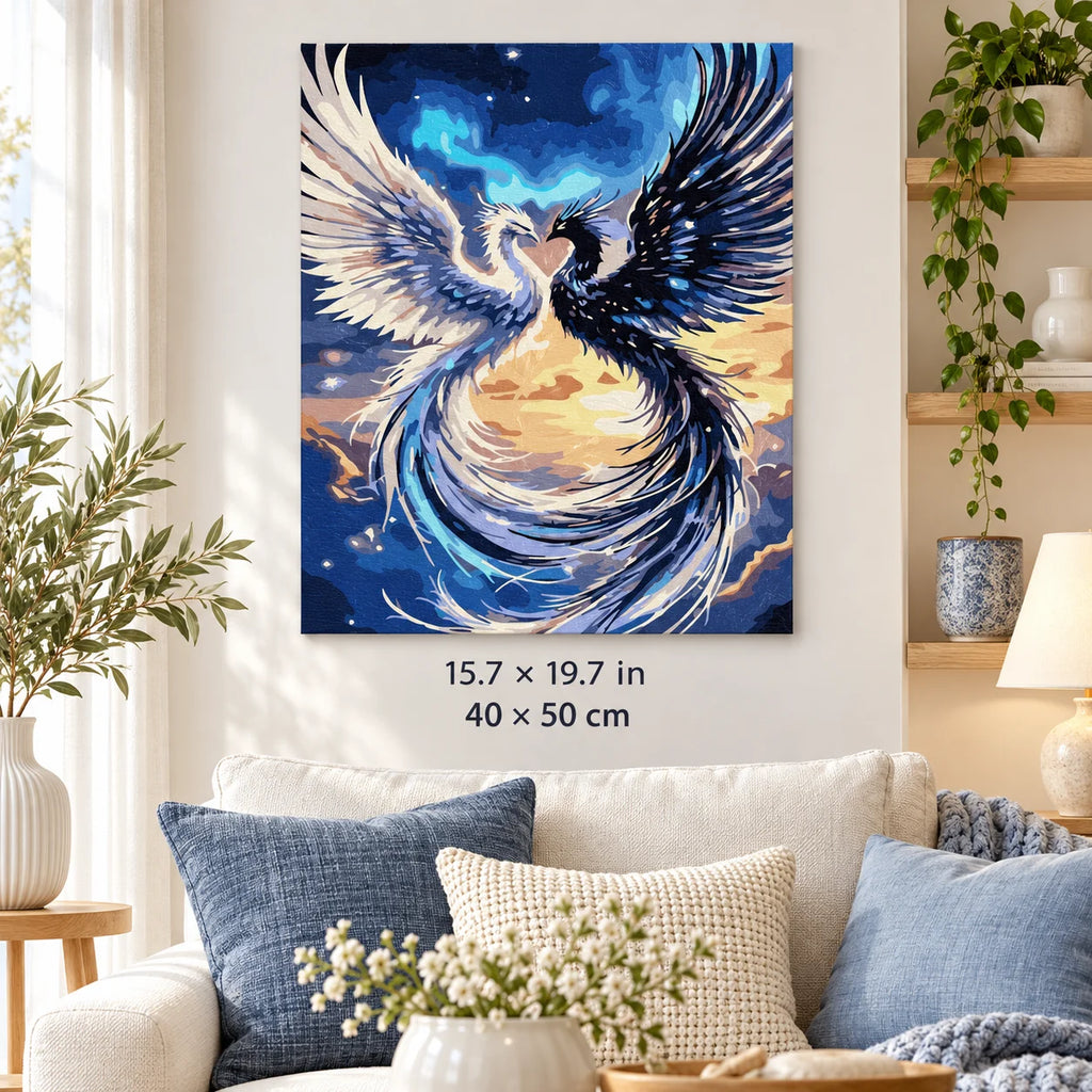 Moonlit White Phoenix shown in a styled room with 15.7 × 19.7 in and 40 × 50 cm dimensions