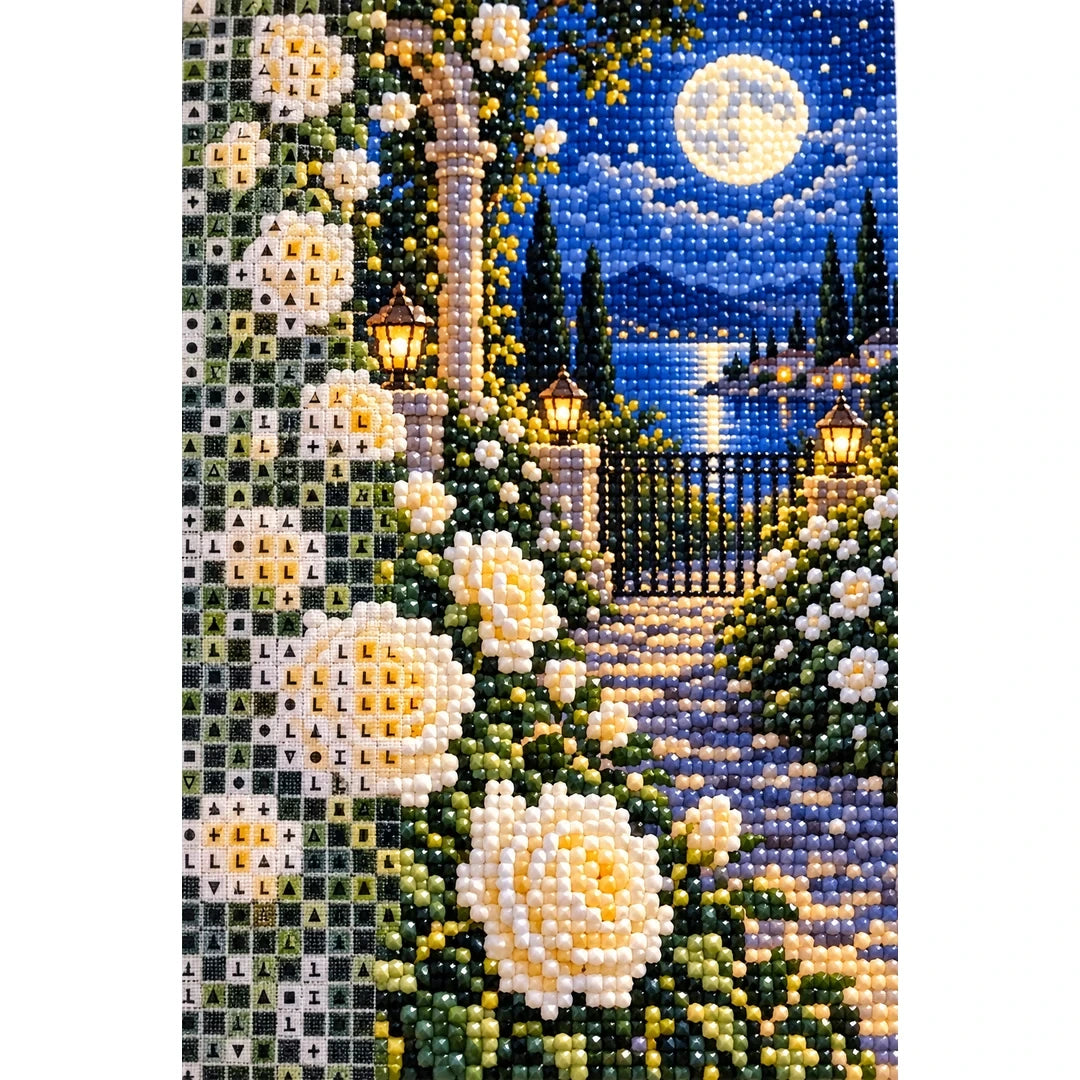 Moonlit White Rose Garden Diamond Painting Kit diamond and canvas detail