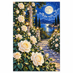 Moonlit White Rose Garden Diamond Painting Kit finished diamond artwork on white background