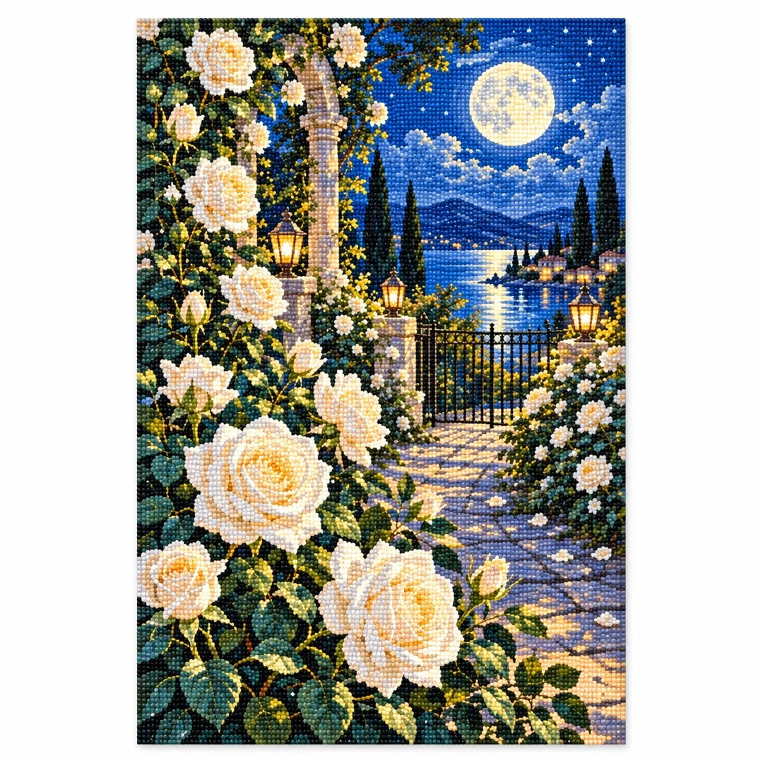Moonlit White Rose Garden Diamond Painting Kit finished diamond artwork on white background