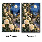 Moonlit White Rose Garden Diamond Painting Kit No Frame and Framed comparison