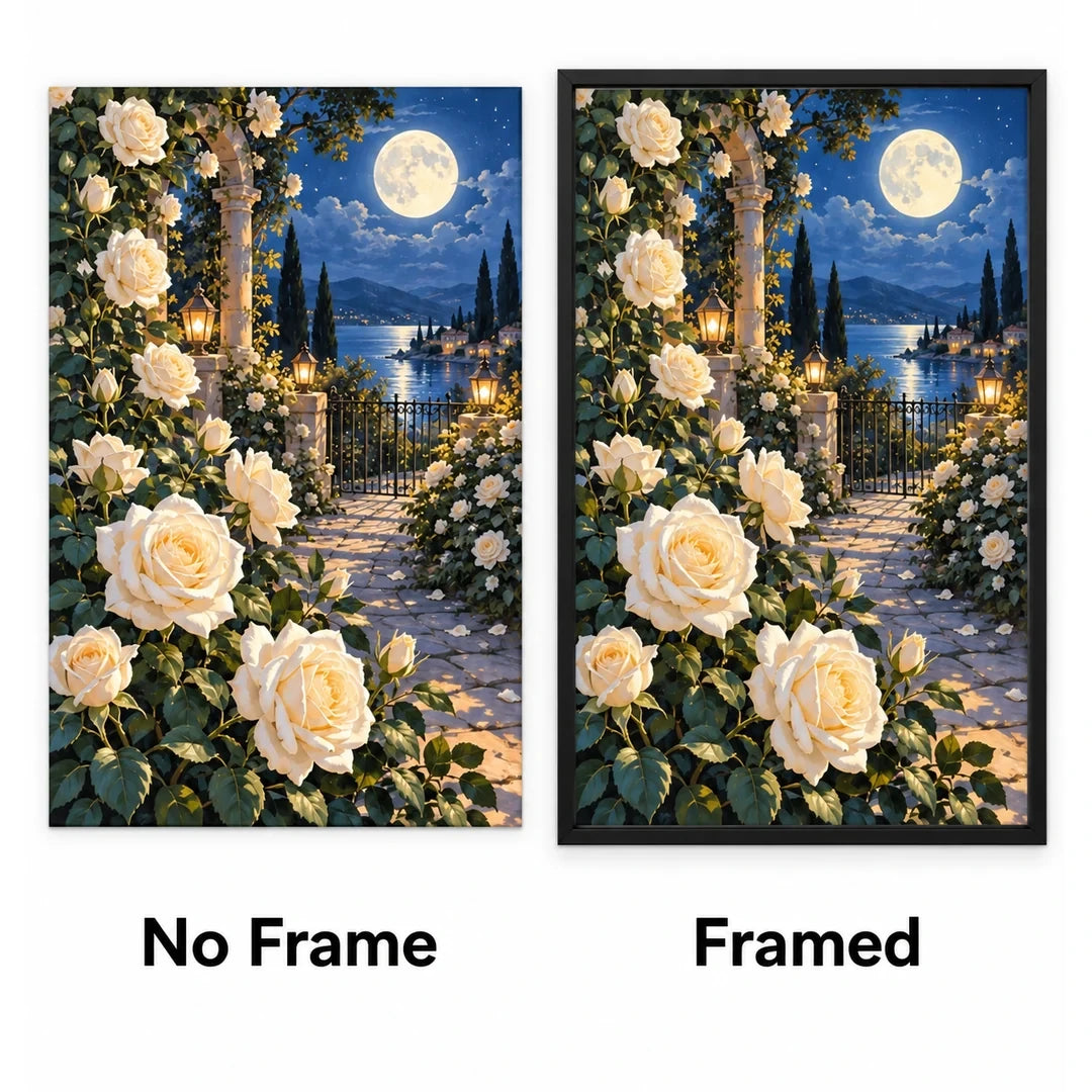 Moonlit White Rose Garden Diamond Painting Kit No Frame and Framed comparison
