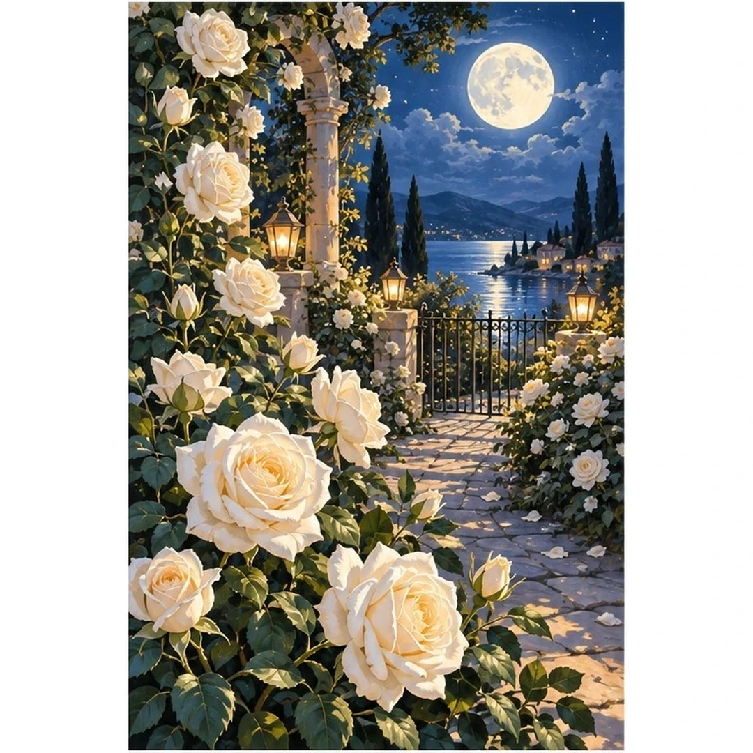 Moonlit White Rose Garden original artwork on white background