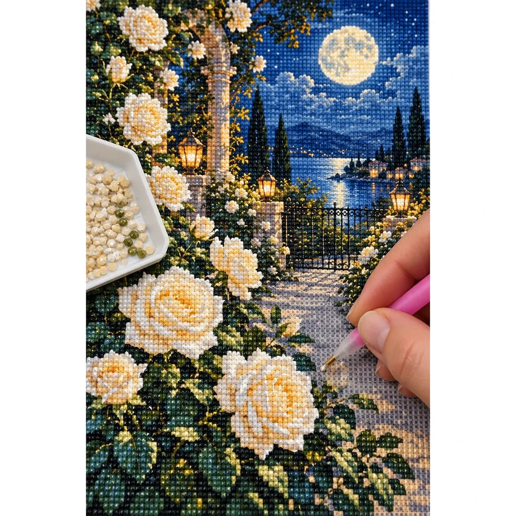 Moonlit White Rose Garden Diamond Painting Kit diamond placement process
