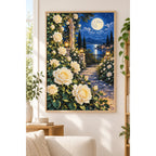 Moonlit White Rose Garden Diamond Painting Kit home decor scene