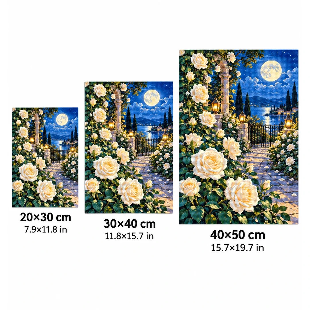 Moonlit White Rose Garden Diamond Painting Kit size guide