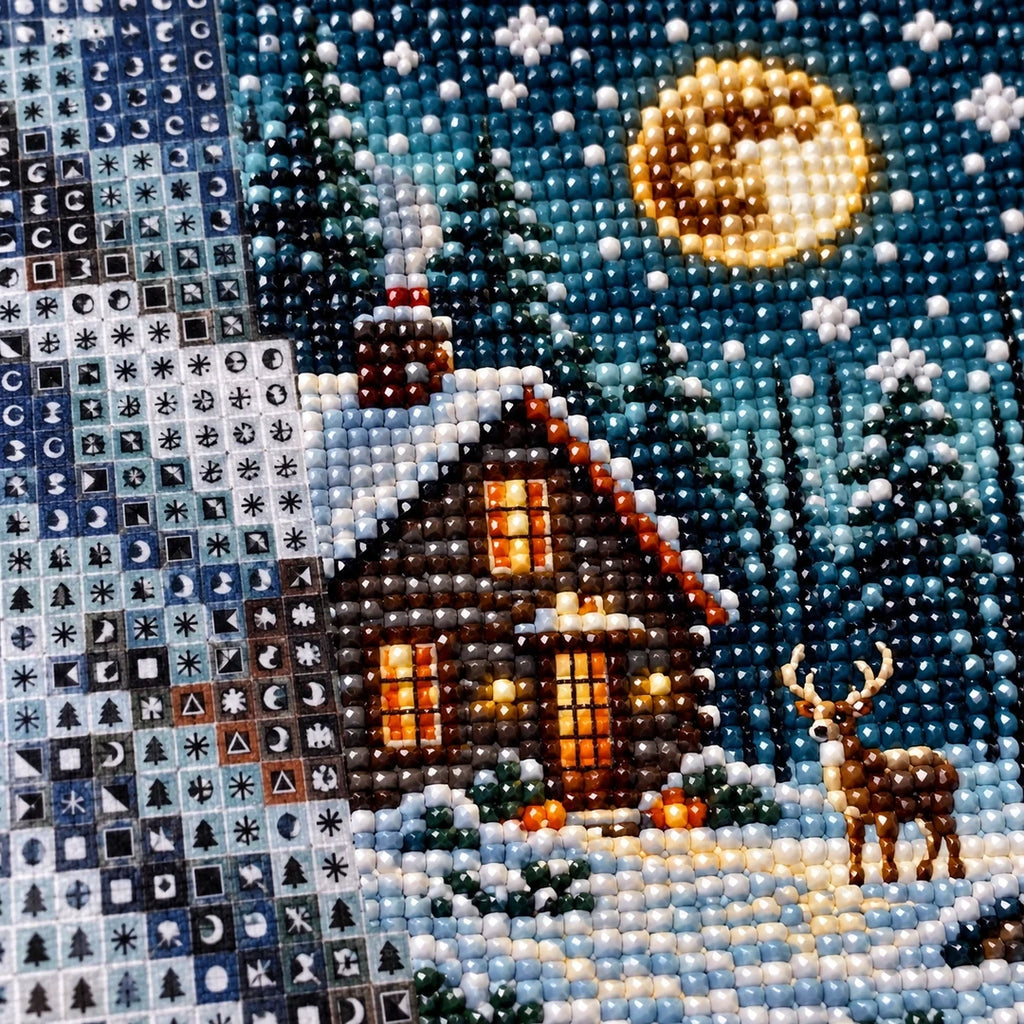 Moonlit Winter Cabin Diamond Painting Kit detail
