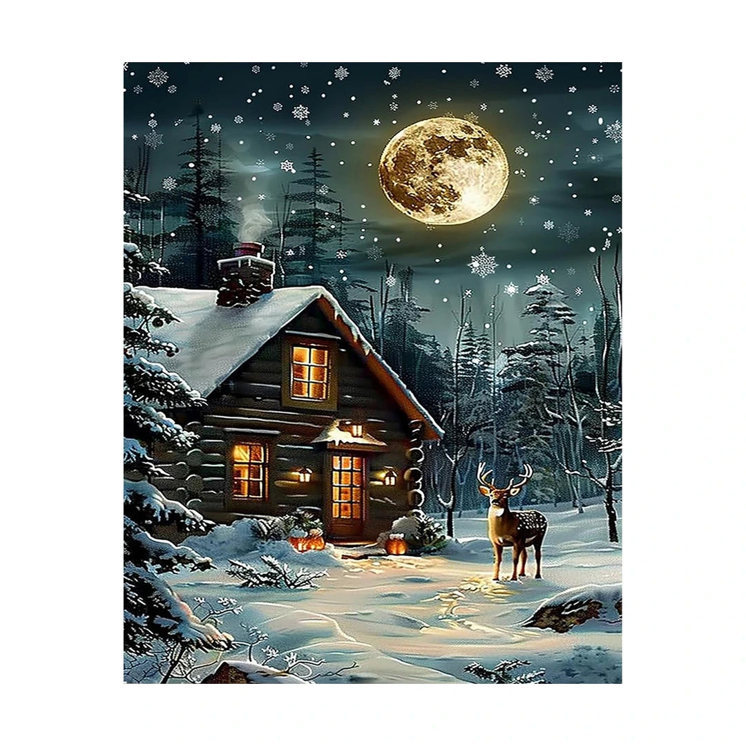 Moonlit Winter Cabin Diamond Painting Kit original artwork on white background