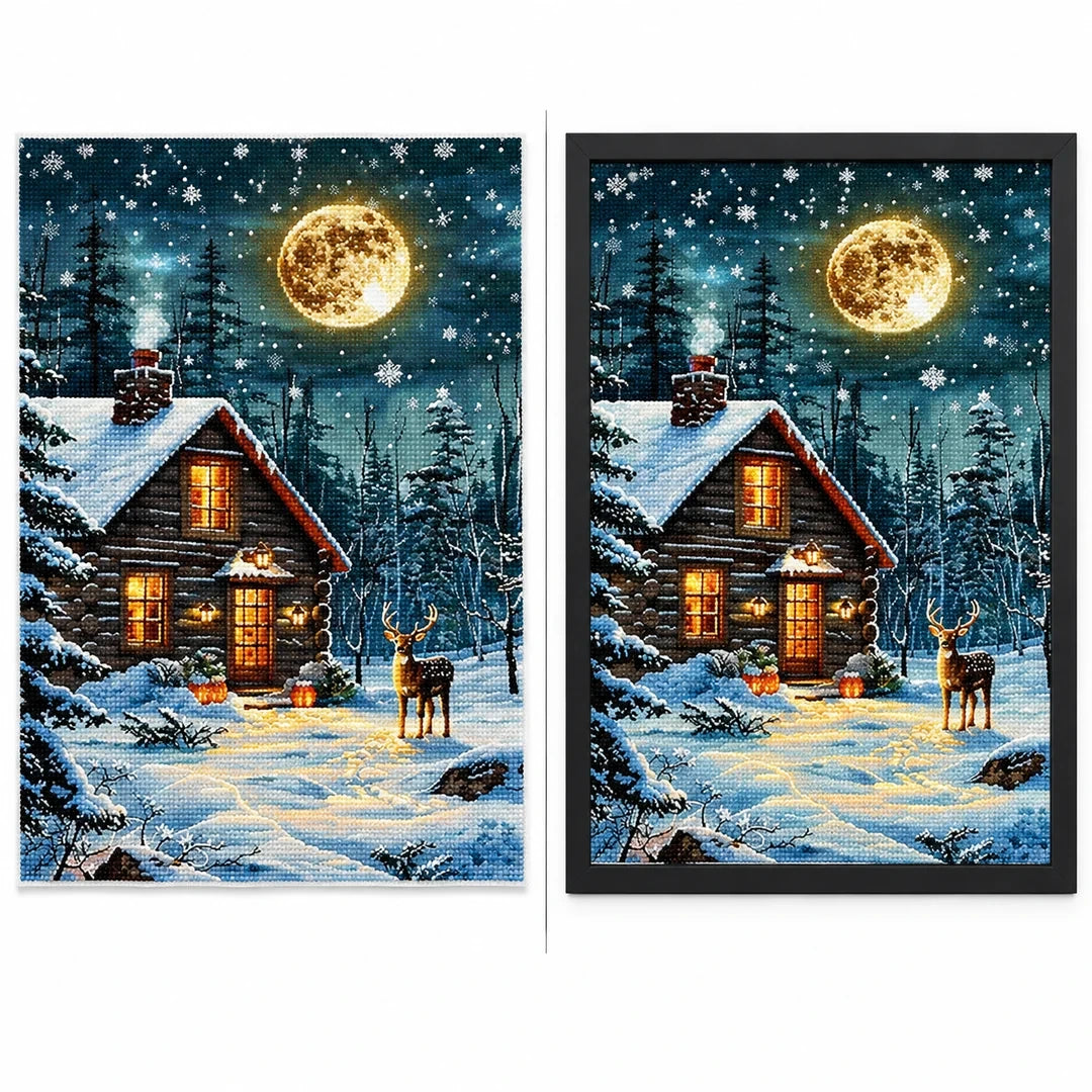 Moonlit Winter Cabin Diamond Painting Kit frame comparison