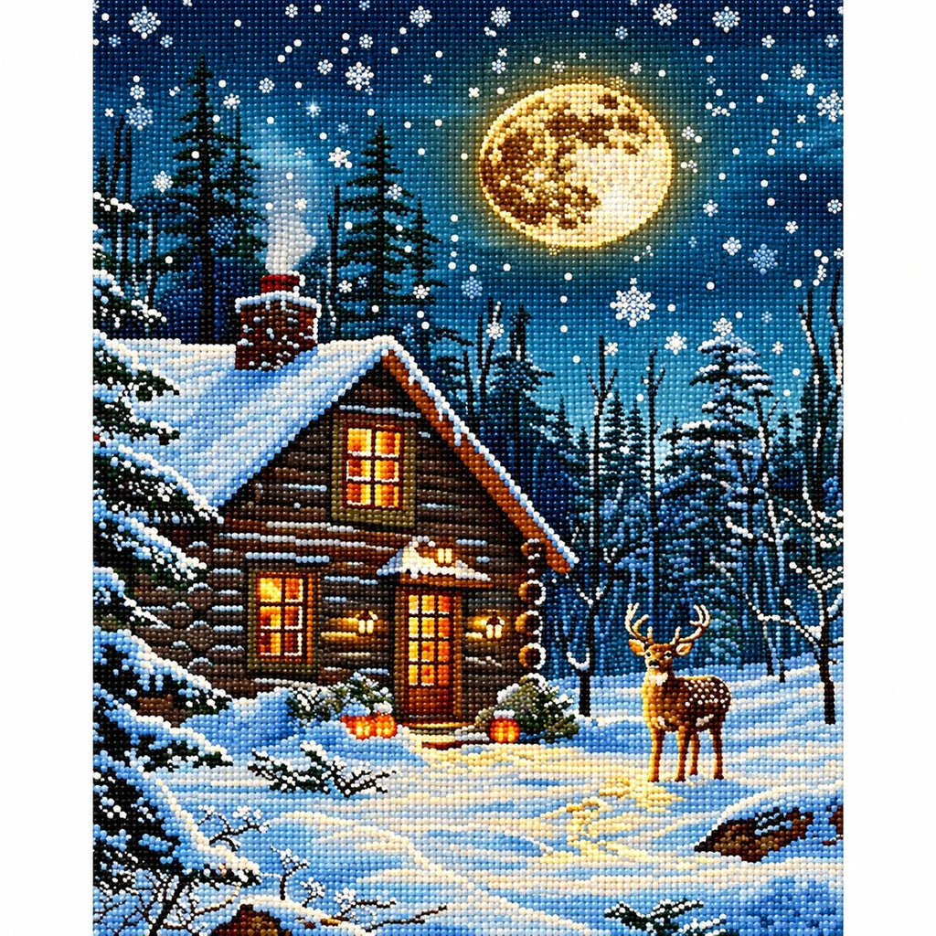 Moonlit Winter Cabin Diamond Painting Kit finished diamond artwork on white background