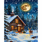 Moonlit Winter Cabin Diamond Painting Kit finished diamond artwork on white background