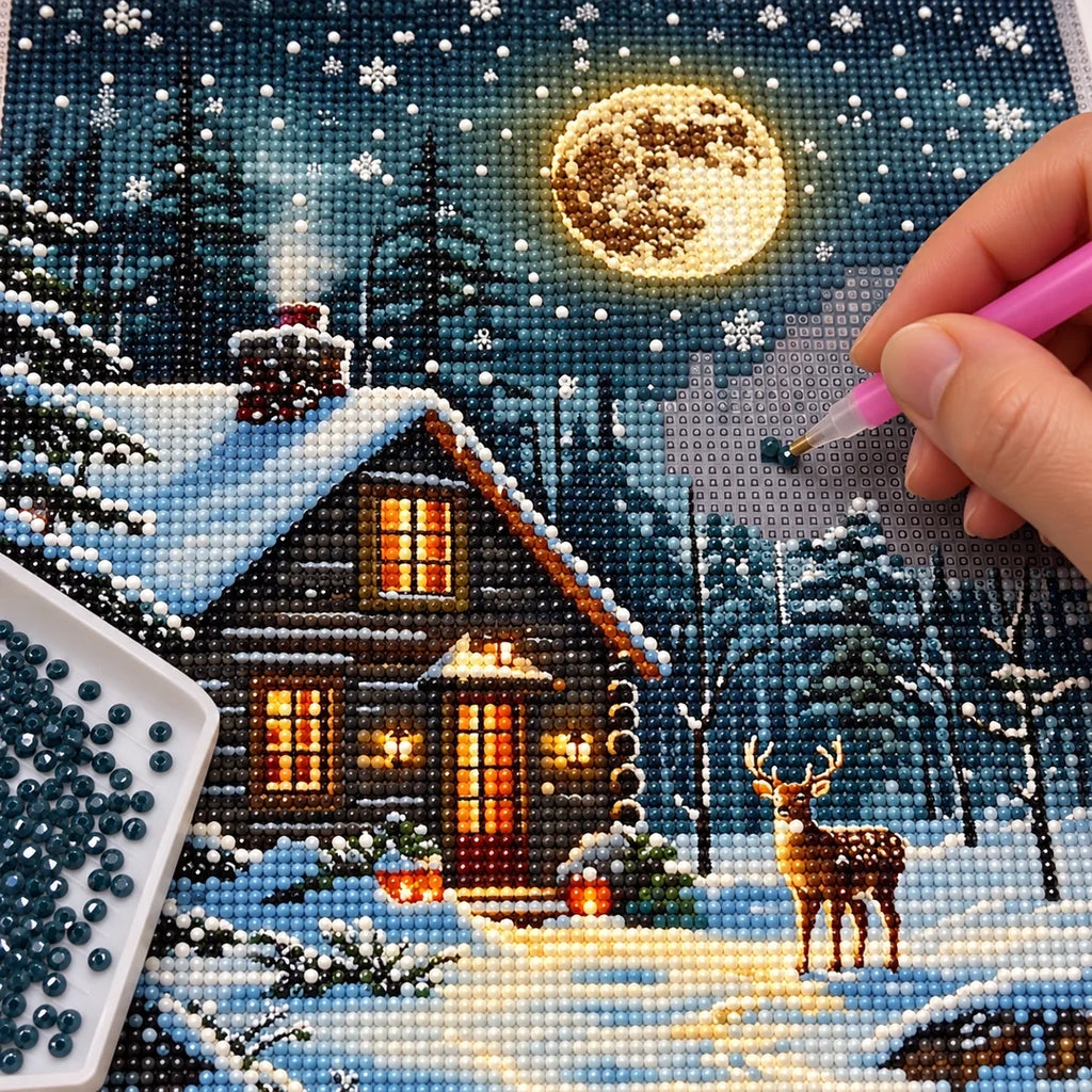 Moonlit Winter Cabin Diamond Painting Kit process
